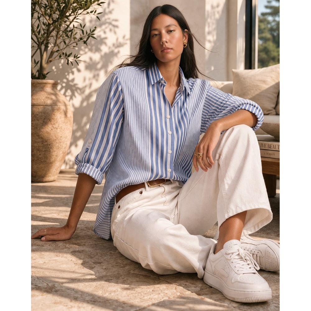 Eden & Olivia Blue White Striped Button Up Shirt 3X Roll Tab Coastal Preppy Boho - Picture 1 of 10